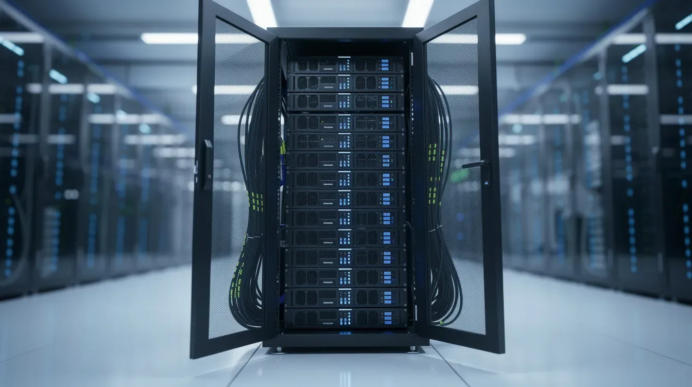 Image d'un rack de serveurs dans un data center illuminé par des lumières bleues, mettant en avant l'infrastructure technolog