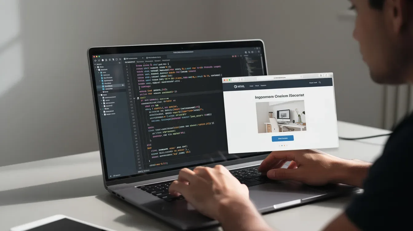 Une personne est assise devant un ordinateur portable, travaillant sur une interface de développement web qui affiche un proj