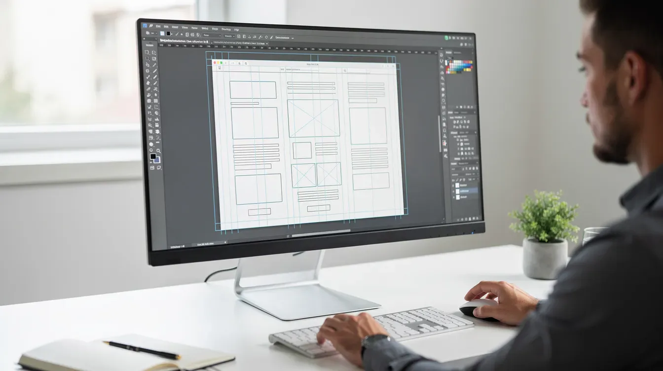 Un designer est concentré sur son travail, utilisant un écran qui affiche une grille de mise en page web pour un projet d'app