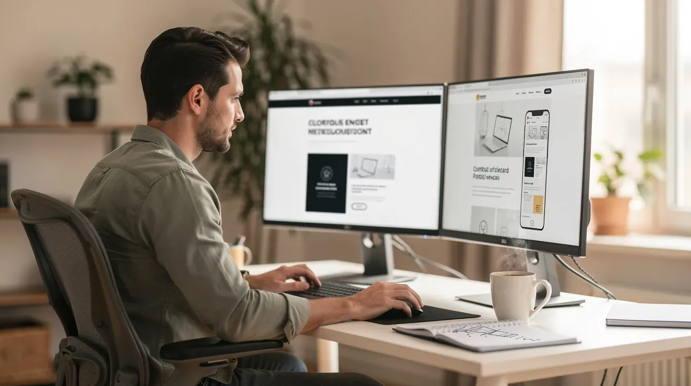 Un professionnel créatif examine le contenu d'un site web sur une configuration à double écran, avec une tasse de café posée