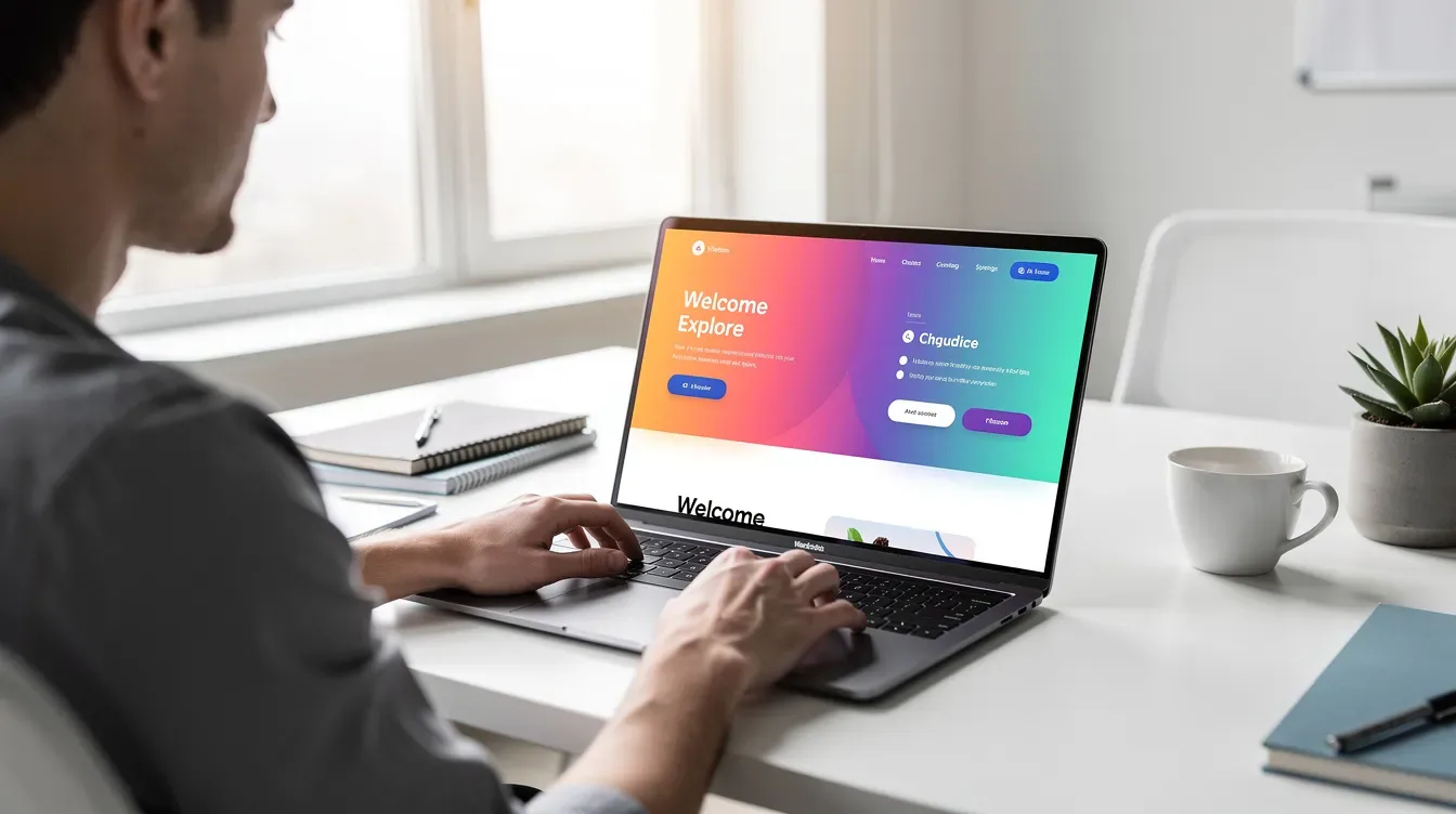 Une personne utilise un ordinateur portable dans un espace de travail moderne et lumineux, affichant un site web coloré sur l