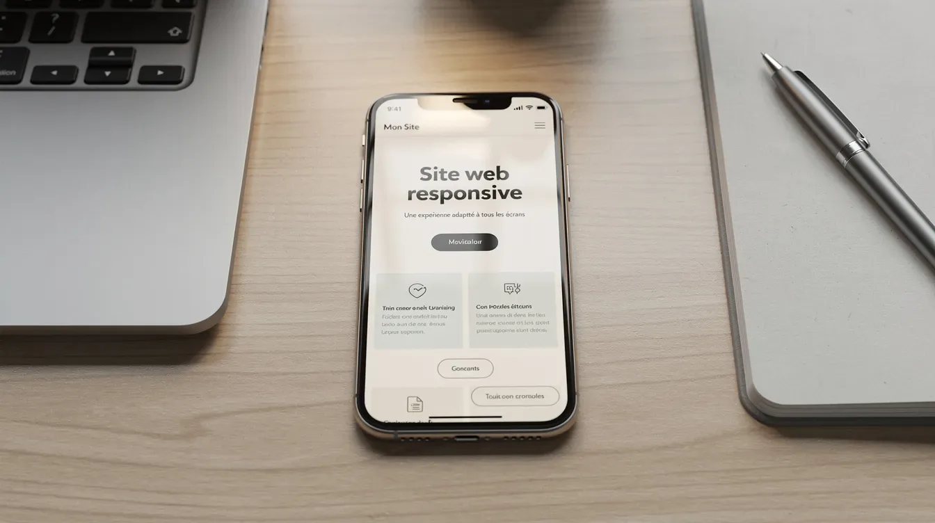 Un smartphone est posé sur un bureau, affichant un site web responsive qui présente un design moderne et une interface utilis