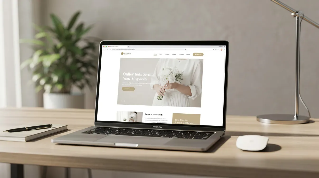 L'image montre un ordinateur portable ouvert sur un bureau moderne, affichant un site web élégant et bien conçu à l'écran. Ce