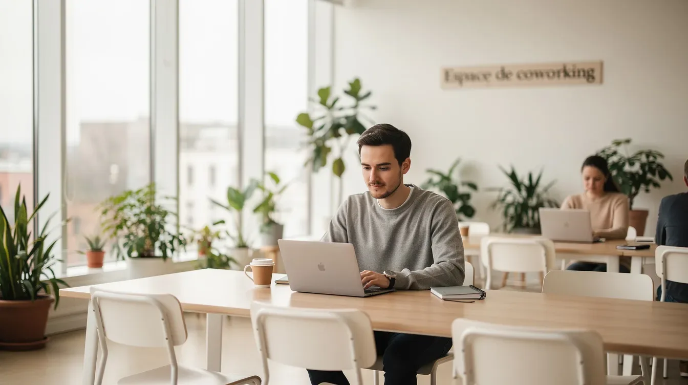 Une personne est assise à une table dans un espace de coworking lumineux, travaillant sur un ordinateur portable. L'environne