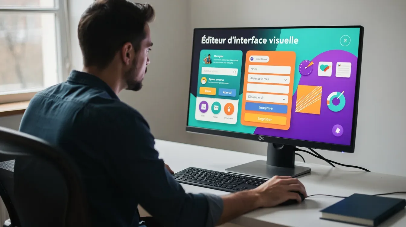 Une personne est assise devant un ordinateur, utilisant une interface d'édition visuelle colorée qui affiche des formulaires