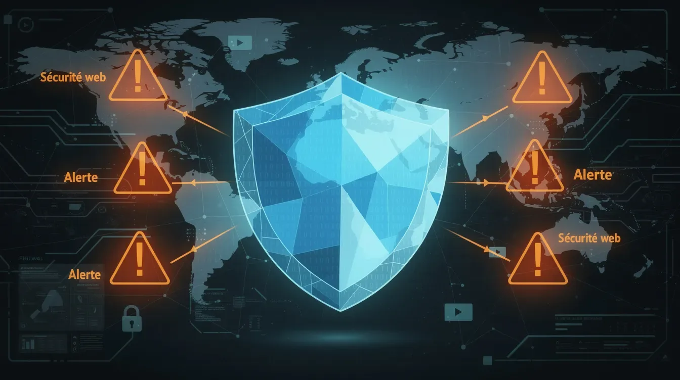 L'image illustre un bouclier de protection numérique, entouré de signaux d'alerte orange, symbolisant les enjeux de sécurité