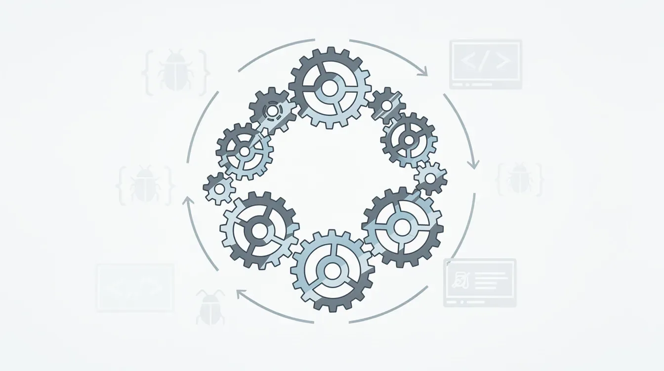 L'image illustre des engrenages formant une boucle circulaire sans fin, représentant un processus de débogage qui semble tour