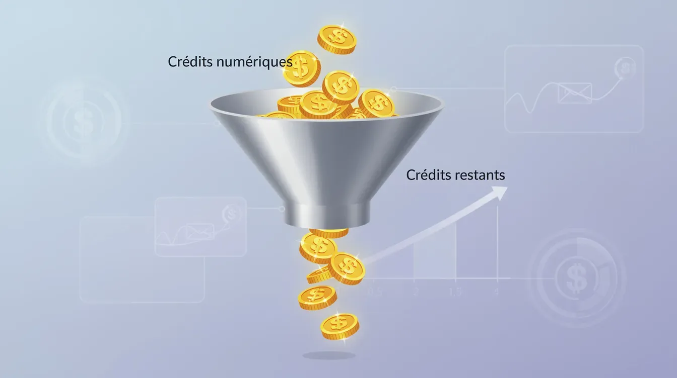 L'image représente un entonnoir à travers lequel descendent des pièces dorées, illustrant la consommation progressive de créd