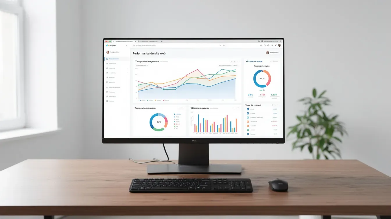 L'image montre un bureau moderne avec un écran d'ordinateur affichant des graphiques de performance web et des métriques de v