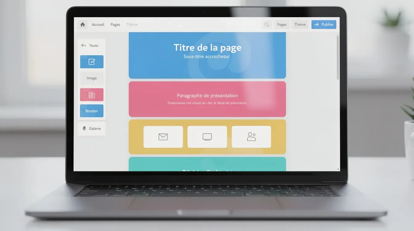 L'image montre un écran d'ordinateur portable affichant l'interface d'un constructeur de site web, avec des sections colorées