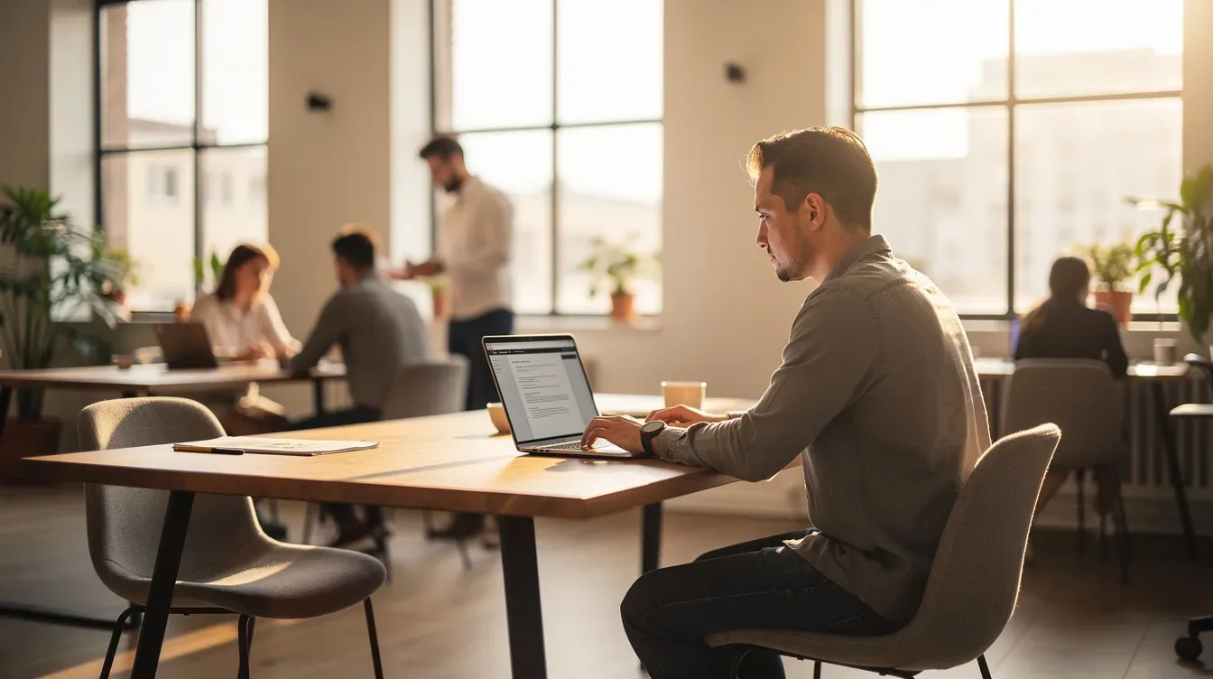 Une personne est assise à une table dans un espace de coworking lumineux, travaillant sur un ordinateur portable. L'environne