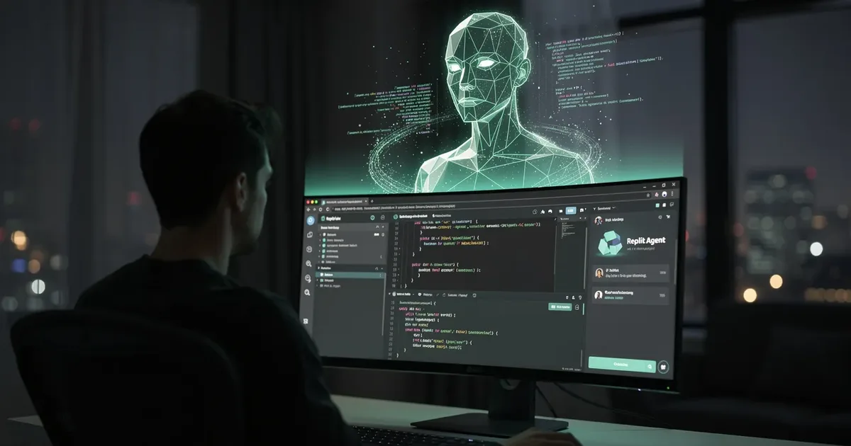 Interface de Replit Agent en 2026, avec le chat de génération et l'éditeur de code ouverts