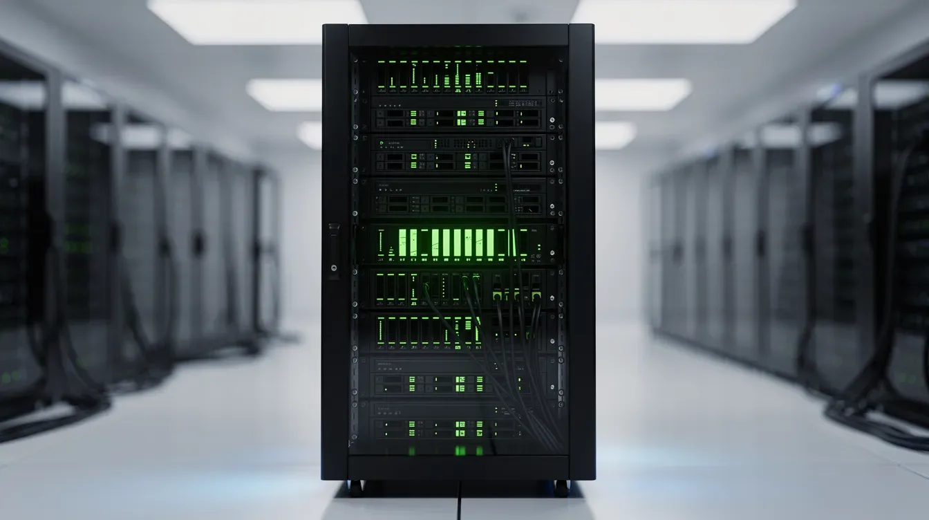 L'image montre un serveur informatique dans un data center, illuminé par des voyants lumineux verts, symbolisant un fonctionn