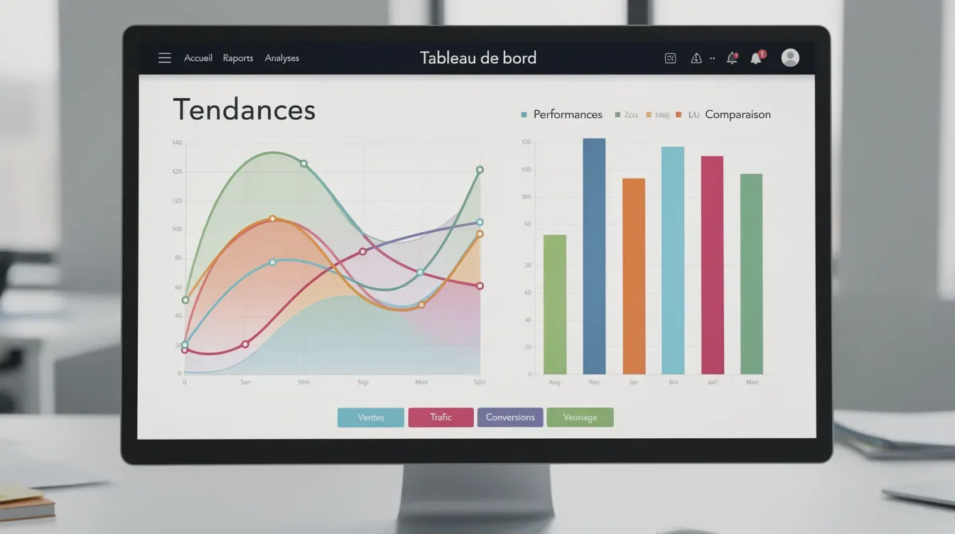 L'image montre un écran d'ordinateur affichant un tableau de bord avec des graphiques colorés, comprenant des courbes et des