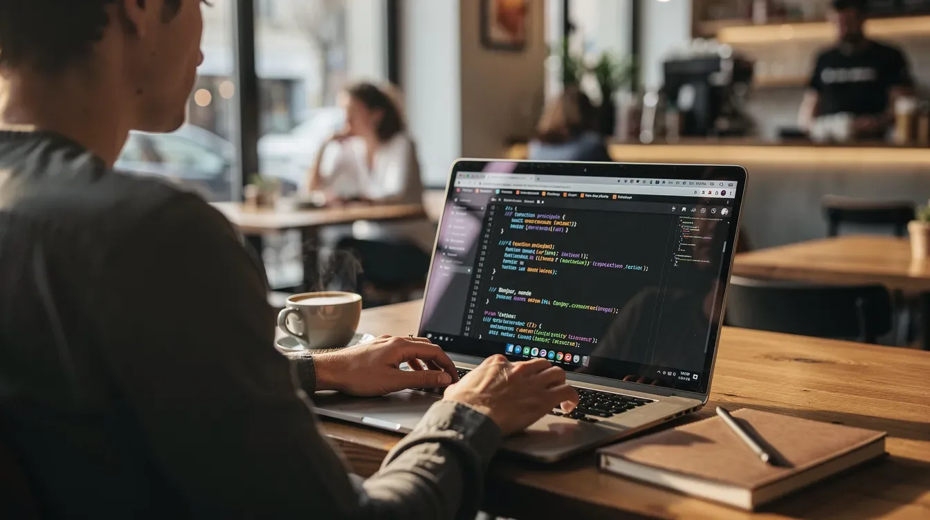Une personne est assise à une table dans un café, travaillant sur un ordinateur portable dont l'écran affiche un éditeur de c