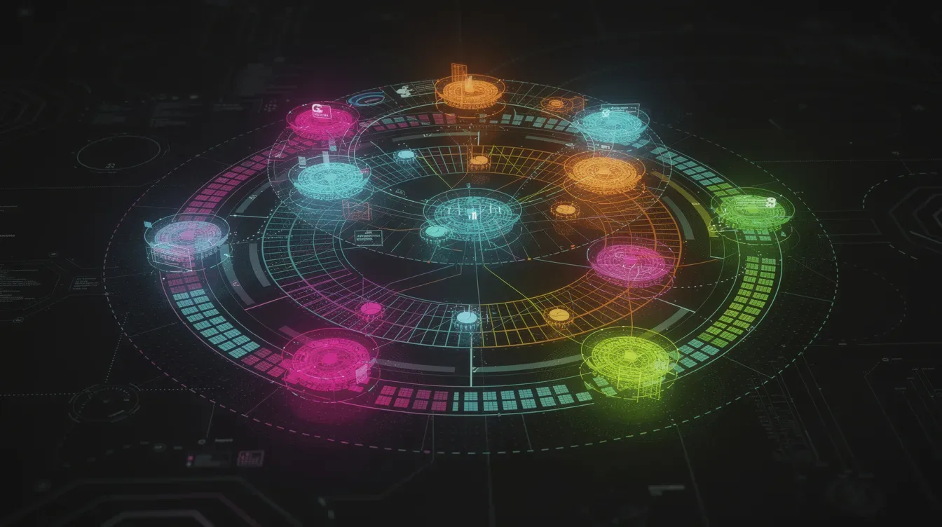 Cette image représente un diagramme de base de données abstrait et coloré, avec des nœuds et des lignes interconnectés sur un