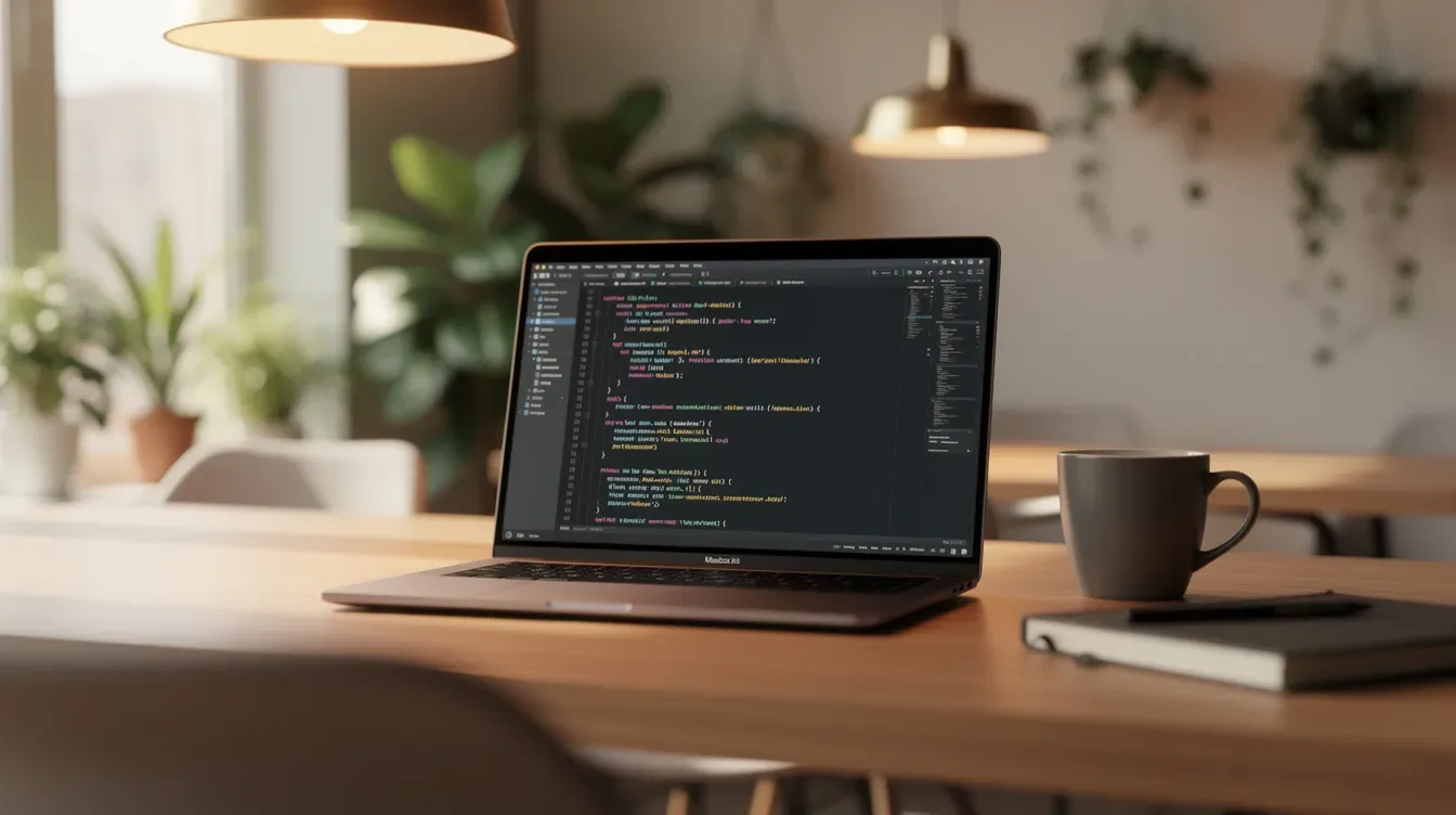 L'image montre un espace de coworking moderne, avec un bureau où un ordinateur portable est ouvert affichant des lignes de co