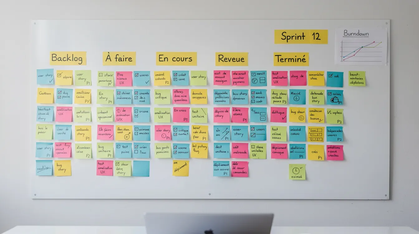 L'image montre des post-it colorés fixés sur un mur blanc, illustrant un workflow de développement agile. Ces notes représent