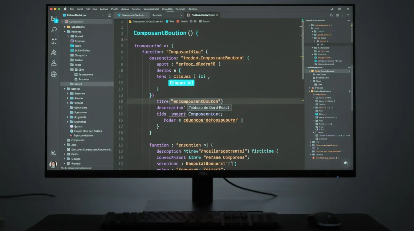 L'image montre un écran de développeur affichant des composants React colorés dans un éditeur de code sombre, illustrant le p