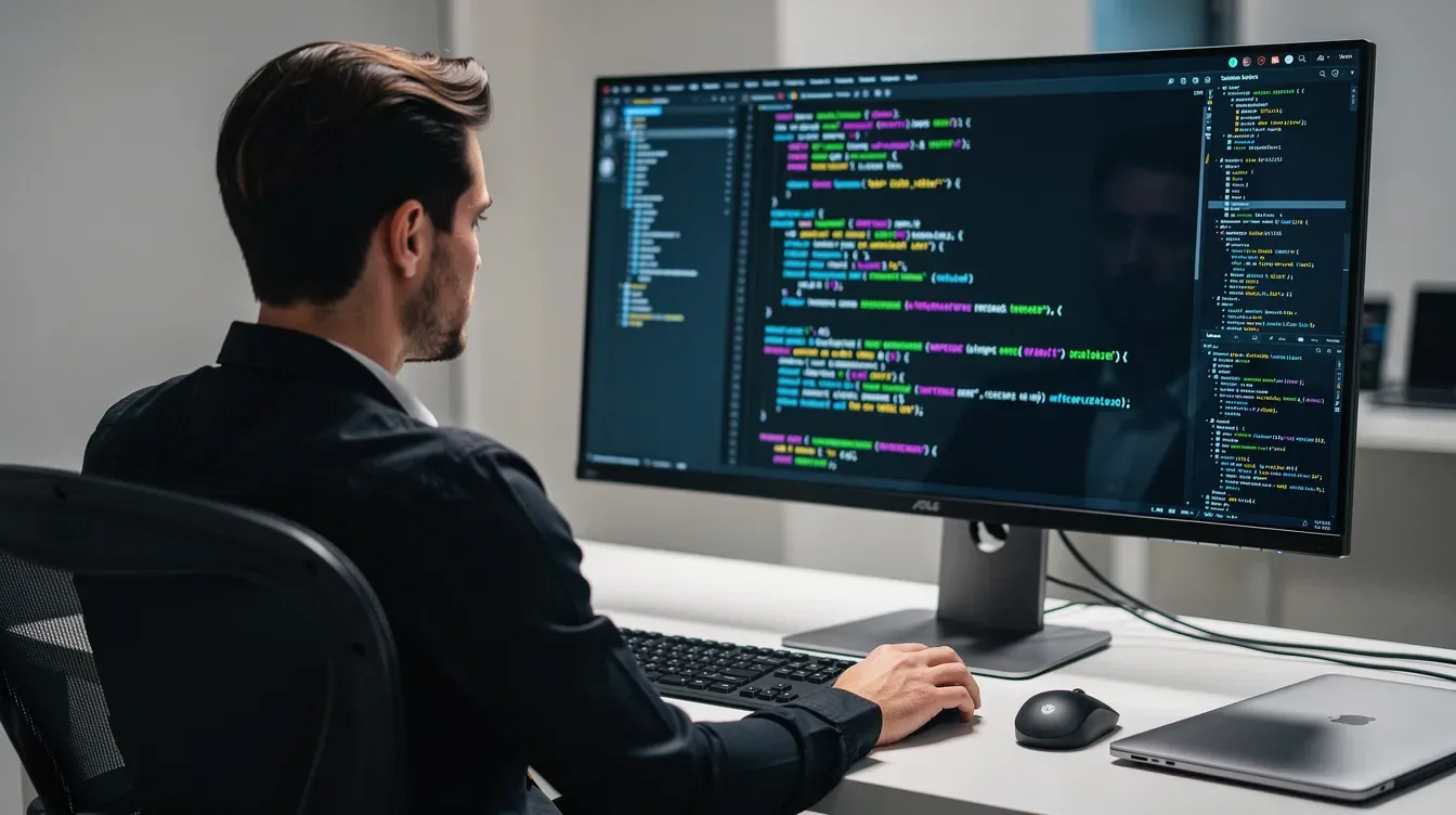 L'image montre un développeur assis devant un grand moniteur affichant des lignes de code colorées, illustrant le développeme