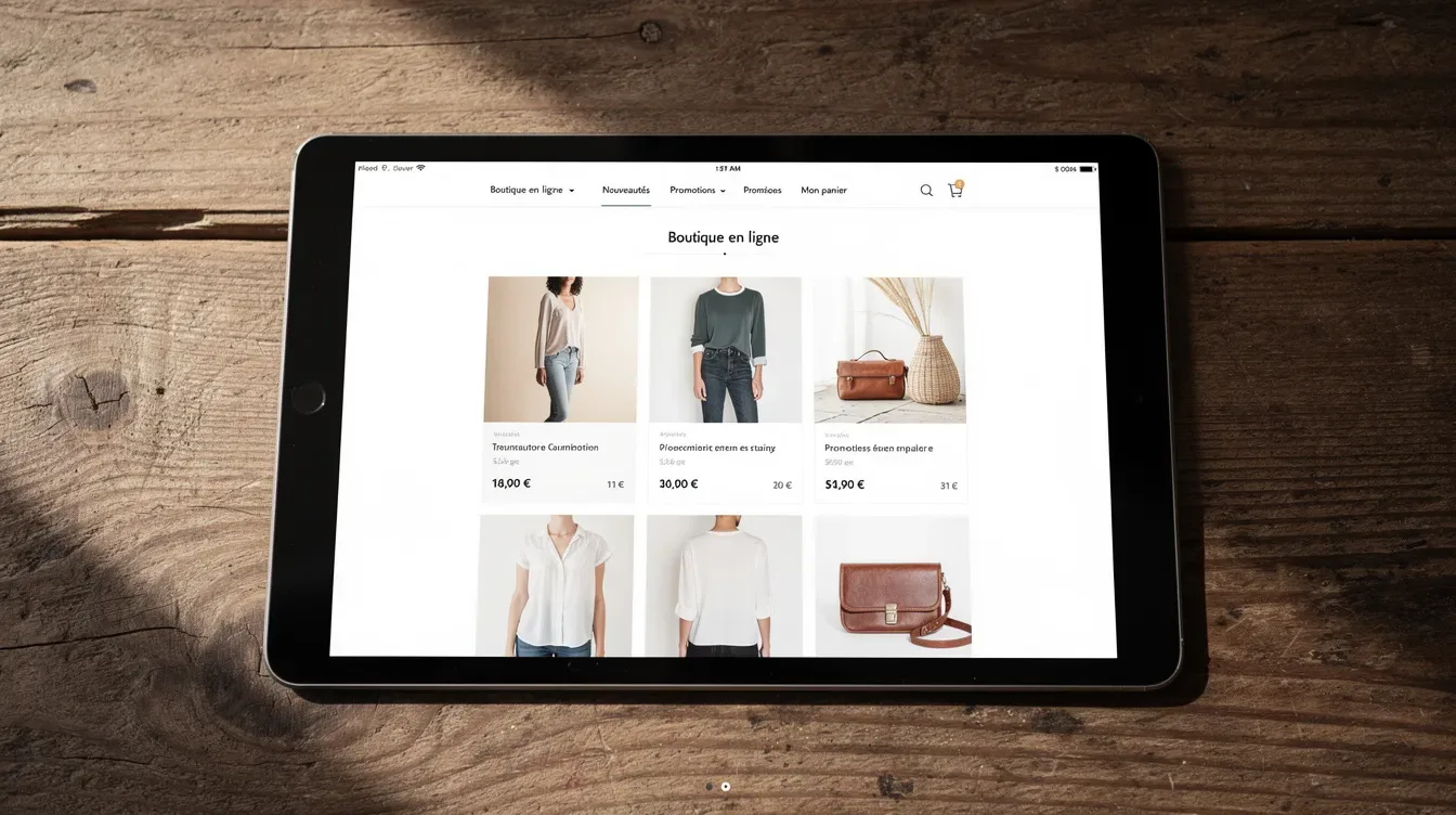 Une tablette posée sur une table en bois affiche une boutique en ligne, mettant en avant des articles de mode. L'écran présen