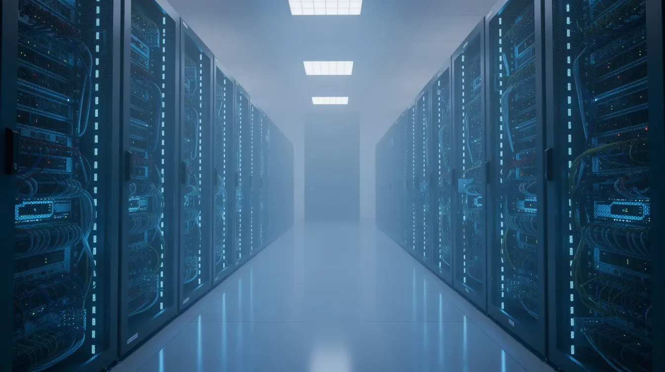 L'image montre un data center moderne avec des rangées de serveurs illuminés par des lumières bleues, créant une ambiance tec