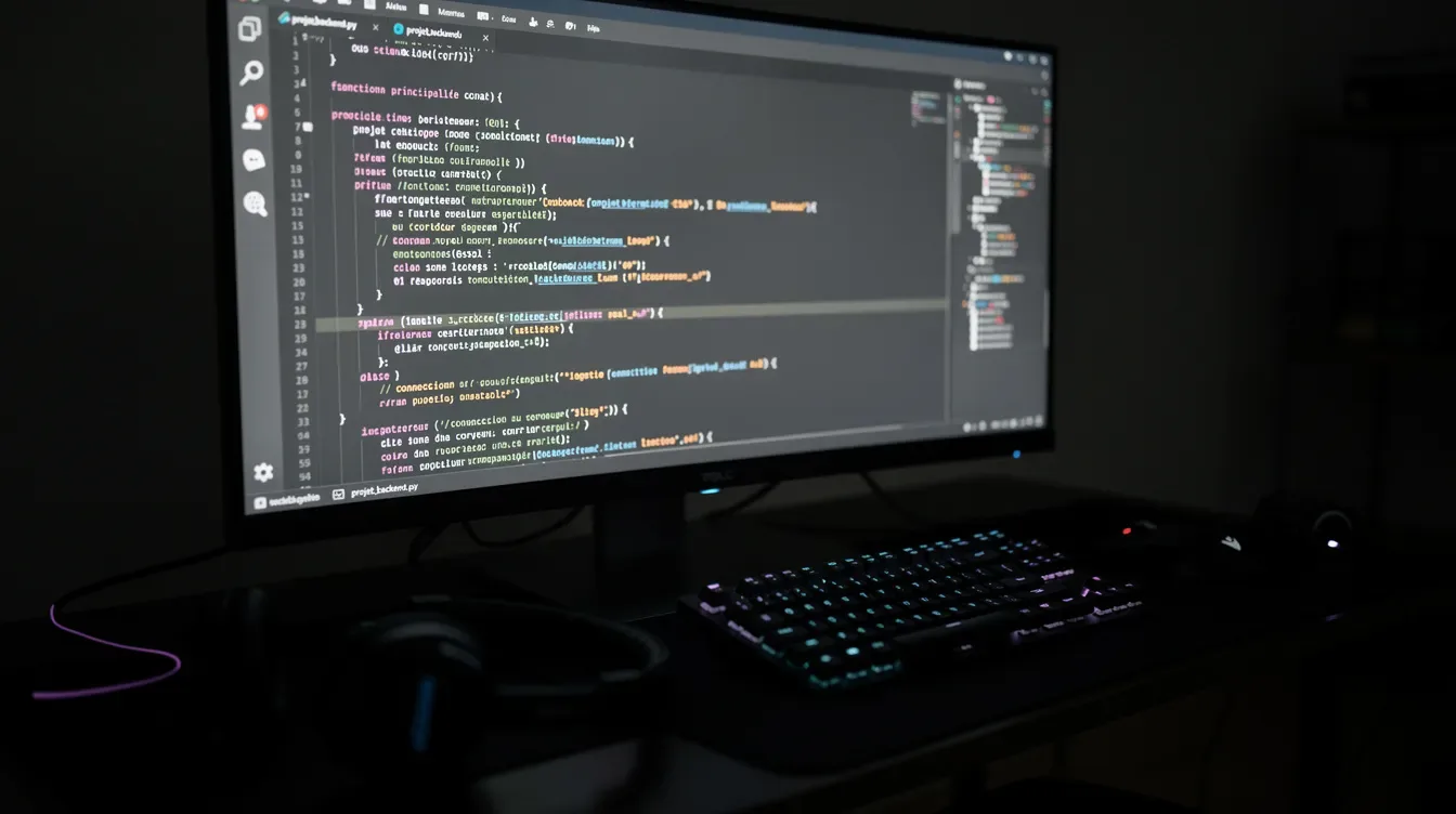 L'image montre un écran d'ordinateur affichant des lignes de code dans un environnement de développement sombre, illustrant u