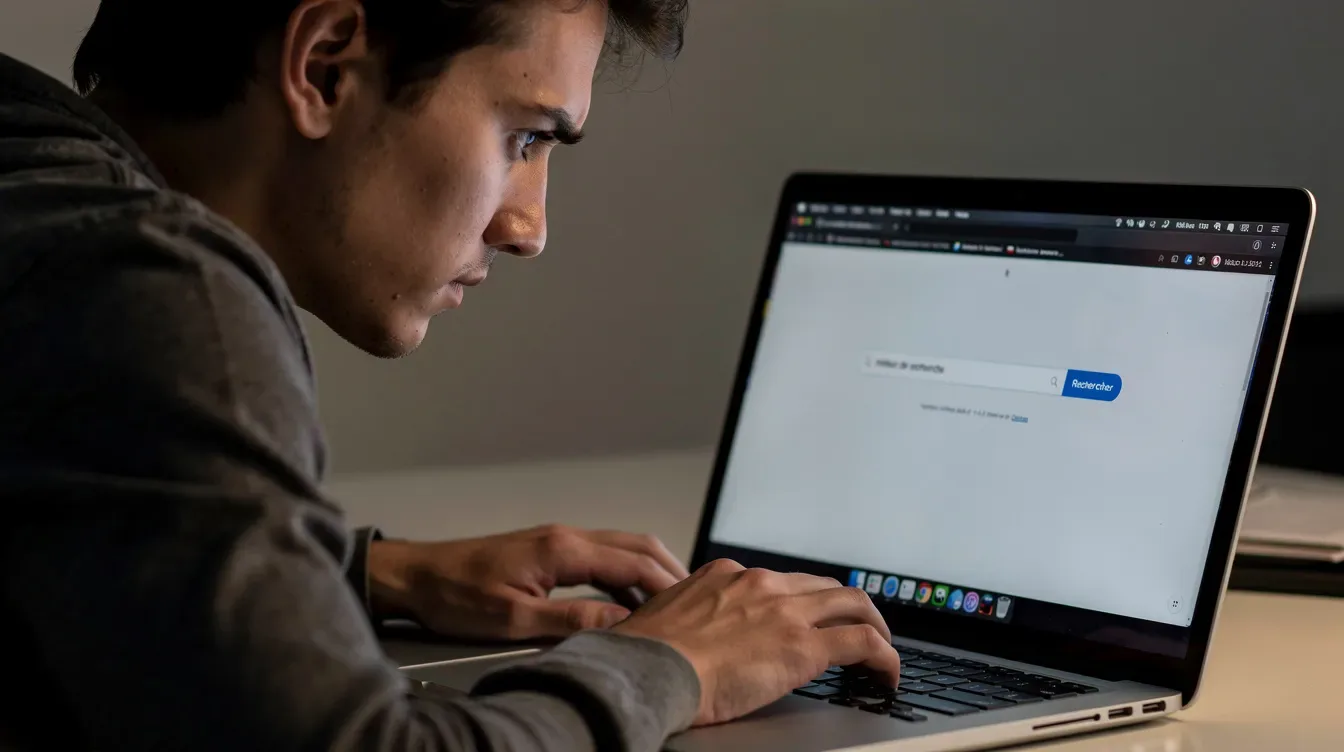 Une personne assise devant un ordinateur portable consulte un moteur de recherche avec une expression concentrée, cherchant d